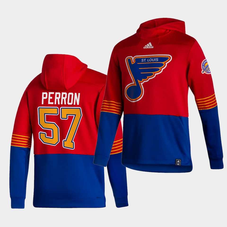 Men St.Louis Blues 57 Perron Red NHL 2021 Adidas Pullover Hoodie Jersey
